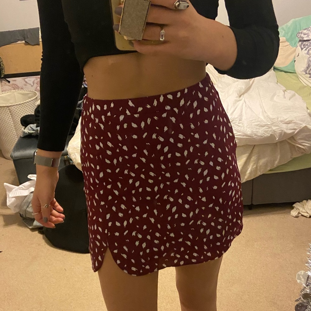 Burgundy and White Printed Mini Skirt